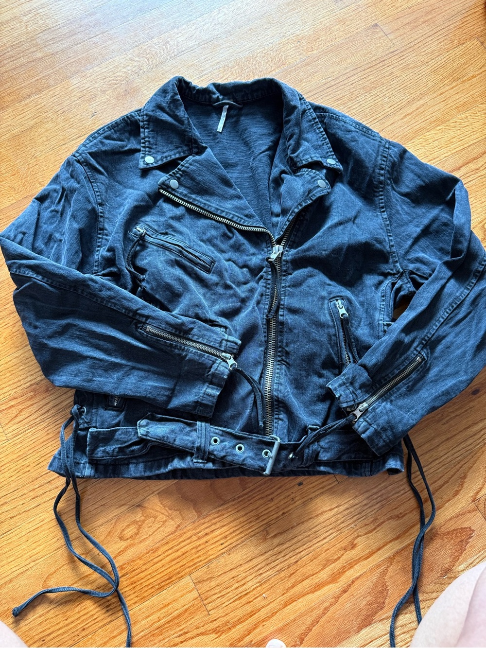 Free People Jacket Small Washed Denim Moto Lace Up Distressed Grunge Punk Rock